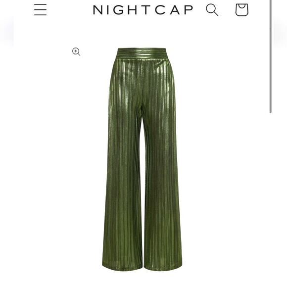 NWOT Nightcap Clothing green metallic pleated wide leg pants small pull on style - Picture 1 of 5